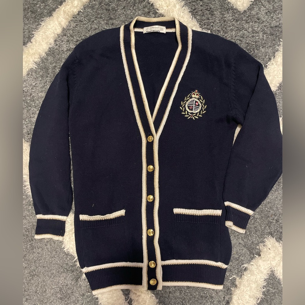 Vintage Cardigan Sweater Women’s 10 Gold Button Unique Stylish Navy Stripe